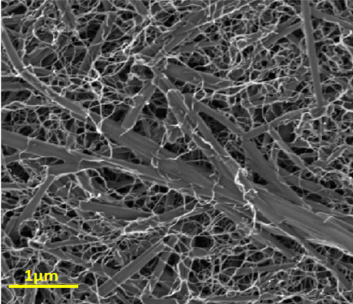 ננו-חומר מרוכב כפי שהוא נראה במיקרוסקופ אלקטרונים: ננו-צינוריות פחמן (חוטים דקים) המופרדות זו מזו מתלפפות סביב גבישים גליליים של צבע אורגני. צילום: בועז ריבצ'ינסקי, מכון ויצמן