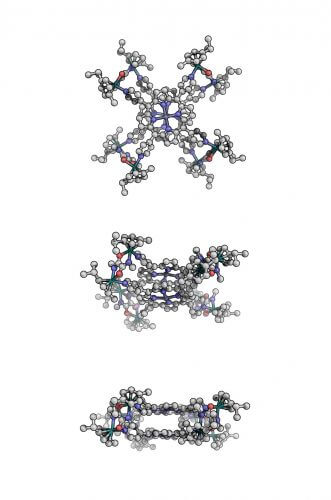 The new catalyst, cobalt porphyrin, presented in various charges. The compound consists of two flat molecules called cobalt porphyrins, which are stacked on top of each other like a sandwich and which are held together by a connector of the metal ruthenium [courtesy: Matthew Crawley]