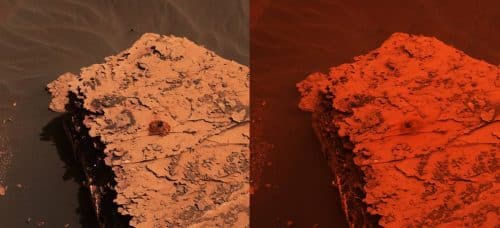 איזור הנמצא סמוך לרכב המאדים קיוריוסיטי ובו חור במקום בו חפרה לצורך ניסוי, כפי שצולם ב-21 במאי 2018 (משמאל) וב-17 ביוני (מימין) חשים בירידה בכמות האור. צילום: נאס"א