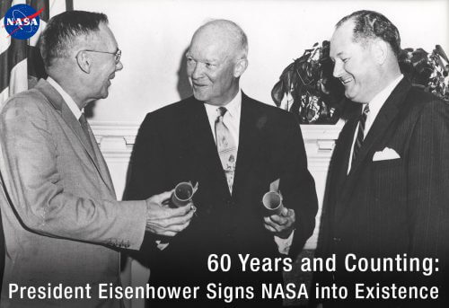 President Dwight D. Eisenhower (center) appoints T. Keith Glennan (right) for the first administrator of NASA and Hugh L. Dryden for the first deputy administrator. Photo: NASA.