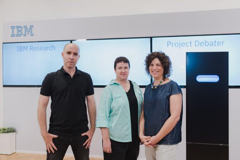 Dr. Ranit Aharonov is a researcher at the IBM Research Center in Haifa, Dr. Aya Sofer - Vice President of IBM Global for Artificial Intelligence Research and Dr. Noam Salonim - Initiator and Director of Project Debater. Photo: Or Kaplan