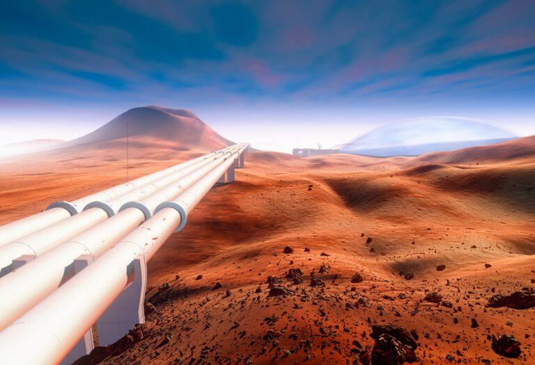 צינור מים עתידני המשרת התיישבות אנושית במאדים. איור: shutterstock