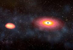 אילוסטרציה של כוכב נייטרונים וחור שחור מתמזגים. Credit: Dana Berry/NASA