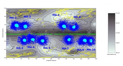 وفي هذه الصورة توجد 10 مناطق هبوط محتملة لـ Hiabusa 2 وهبوطاتها، وهي محددة باللون الأزرق الفاتح، بينما باللون الأزرق محددة مناطق التثبيت بعد المناورات الأولى نتيجة هبوط السيارتين ذات الدفع الرباعي.