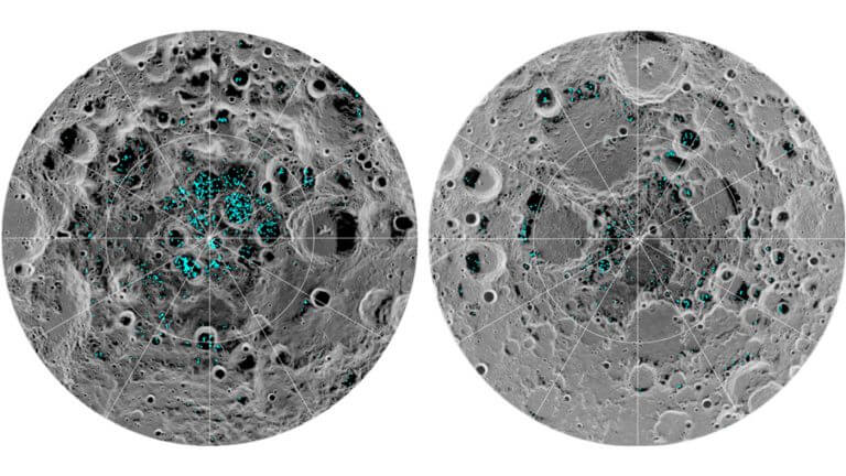 The image shows the distribution of ice on the surface of the Moon's South Pole (left) and North Pole (right), as observed by NASA's Lunar Mapper. The blue color represents the locations of the ice deposits, the gray color marks the surface temperature ( dark representing cold areas and light shades indicating warm areas). The ice is concentrated in the darkest and coldest places, on the crater floors. This is the first time that scientists have directly identified absolute evidence of water ice on the surface of the moon. Photo: NASA