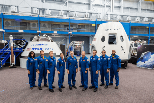 Astronauts left to right: Sunita Williams, Josh Casada, Eric Boe, Nicole Mann, Christopher Ferguson, Douglas Hurley, Robert Behnken, Michael Hopkins and Victor Glover at the announcement of the astronaut team that will make the first commercial flights, 3/8/18. Photo: NASA