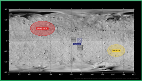 في هذه الصورة يتم الإشارة إلى مناطق الهبوط المقترحة، ويرد الجدول الزمني التالي: المنطقة باللون الأزرق في وسط الصورة - العودة الأولى إلى أول هبوط لجمع العينات لـ Hibusa 2: 11-12 سبتمبر، المنطقة في الأعلى اليسار باللون الأحمر - هبوط أول مركبة يابانية من طراز Minerva 2 لجميع التضاريس، 20-21 سبتمبر المنطقة اليمنى السفلية باللون الأصفر - هبوط المركبة الأوروبية MASCOT C، التي تحتوي على مكونات إسرائيلية؛ 2-4 أكتوبر - العودة الثانية إلى الهبوط لجمع العينة الأولى من هيبوسا 2: جمع العينة الأولى في منتصف أكتوبر: نهاية أكتوبر الصورة: وكالة استكشاف الفضاء اليابانية