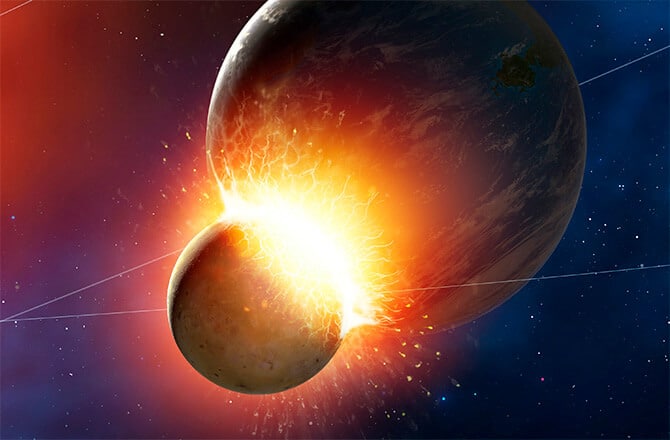 הדמיית ההתנגשות של גוף בגודלו של הירח בכוכב לכת בגודלו של כדור הארץ. איור: נאס"א