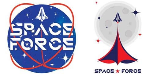 Two of six suggestions for the space arm logo, from the Trump and Pence 2020 election website