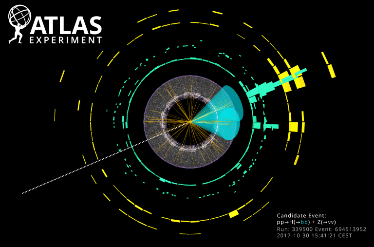 היווצרות של צמד קווארקי b כתוצאה מדעיכת חלקיק היגס. שני האזורים הירוקים בתמונה הם החתימות של שני סילוני חלקיקים שיצרו הקווארקים. האיור באדיבות ATLAS Collaboration/CERN