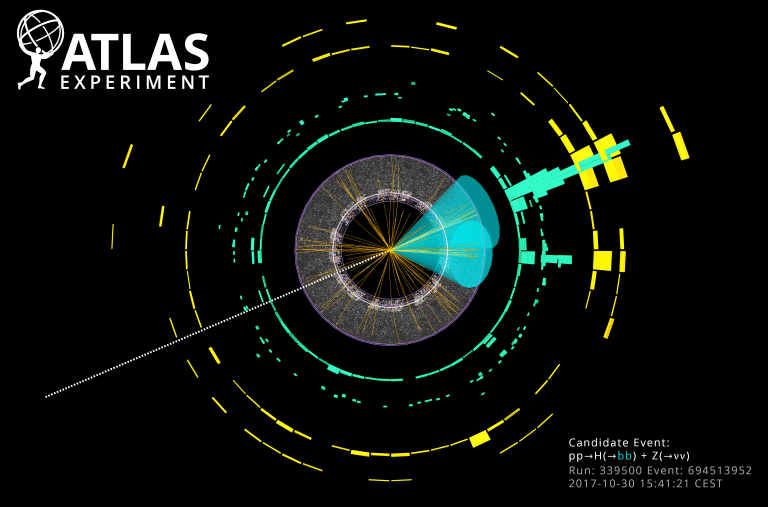 Formation of a b quark pair as a result of the decay of the Higgs particle. The two green areas in the image are the signatures of two particle jets created by the quarks. Figure courtesy of ATLAS Collaboration/CERN