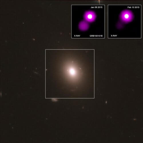 תמונה זו מספקת שלוש נקודות מבט שונות על התפרצות קרני הגאמא GRB150101B, הדומה לאירוע שבו נמדדו גלי כבידה ובו זמנית גם בספקטרום האלקטרומגנטי וקיים דמיון בין שני המקרים. במרכז, תמונה מטלסקופ החלל האבל מראה את הגלקסיה שבה התרחשה התפרצות GRB150101B. בפינה העליונה, שתי תמונות רנטגן ממצפה הרנטגן צ'אנדרה של נאס"א מראות את האירוע כפי שהוא הופיע ב -9 בינואר 2015 (משמאל), וכפי שנראה כחודש לאחר מכן , ב -10 בפברואר 2015 (מימין), כשהילת הפיצוץ נמוגה, נקודת האור הבוהקת היא הגרעין של הגלקסיה. צילום: NASA/CXC