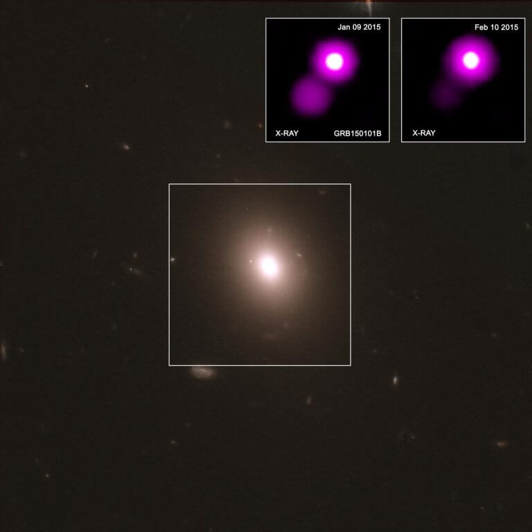 תמונה זו מספקת שלוש נקודות מבט שונות על התפרצות קרני הגאמא GRB150101B, הדומה לאירוע שבו נמדדו גלי כבידה ובו זמנית גם בספקטרום האלקטרומגנטי וקיים דמיון בין שני המקרים. במרכז, תמונה מטלסקופ החלל האבל מראה את הגלקסיה שבה התרחשה התפרצות GRB150101B. בפינה העליונה, שתי תמונות רנטגן ממצפה הרנטגן צ'אנדרה של נאס"א מראות את האירוע כפי שהוא הופיע ב -9 בינואר 2015 (משמאל), וכפי שנראה כחודש לאחר מכן , ב -10 בפברואר 2015 (מימין), כשהילת הפיצוץ נמוגה, נקודת האור הבוהקת היא הגרעין של הגלקסיה. צילום: NASA/CXC