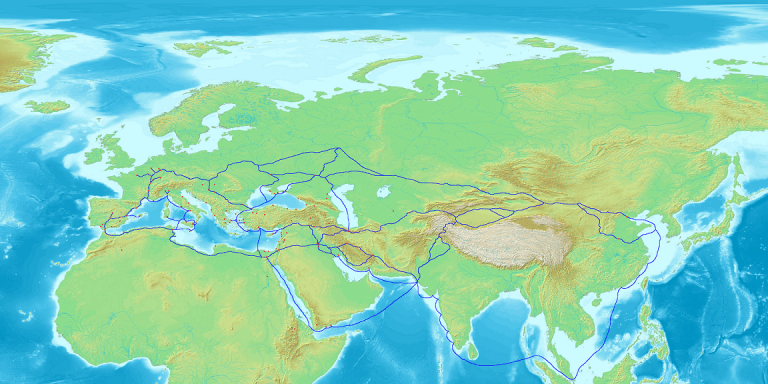 מפה המראה את רשת המסחר של הרדהנים - גילדת סוחרים יהודים, 870 לספירה כפי שמצטיירת על פי רשמיו של אבן קהורדאדבה בספר של הדרכים והממלכות. מתוך ויקיפדיה