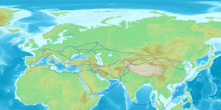 מפה המראה את רשת המסחר של הרדהנים - גילדת סוחרים יהודים, 870 לספירה כפי שמצטיירת על פי רשמיו של אבן קהורדאדבה בספר של הדרכים והממלכות. מתוך ויקיפדיה