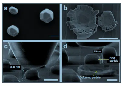 Compression tests of nickel particles, as seen with a high-resolution scanning electron microscope. a and c show the particles before compression. b and d - after compression
