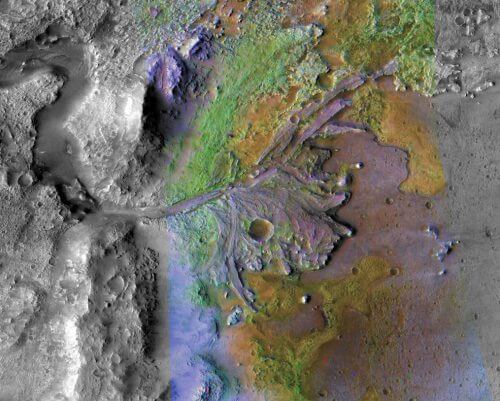 איזור מכתש ג'זרו במאדים, המכיל דלתא של נהר עתיק. צילום שהורכב מתמונות של מספר מכשירים הנמצאים בחלליות המקיפות את מאדים ובראשן MRO. צילום: נאס"א