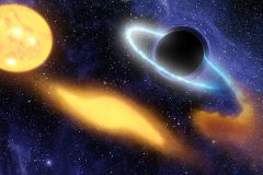הדמיית אמן של חור שחור על-מאסיבי קורע לגזרים ובולע כוכב סמוך. מקור: NASA/JPL-Caltech.