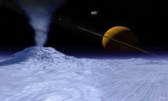 אדי מים וחלקיקי מינרלים מיתמרים אל החלל מפני השטח של הירח אֶנקֶלַדוּס, אחד הירחים הקפואים המקיפים את שבתאי. התמרות מרמזות על קיומו של אוקיינוס מתחת לקרח ועל האפשרות המרתקת שיש בו חיים. הדמיית אמן: NASA / David Seal.