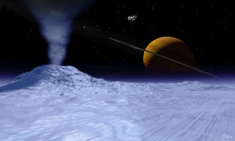 Water vapor and mineral particles drift into space from the surface of the moon Enceladus, one of the icy moons orbiting Saturn. Metamorphoses hint at the existence of an ocean beneath the ice and the fascinating possibility that it contains life. Artist rendering: NASA / David Seal.