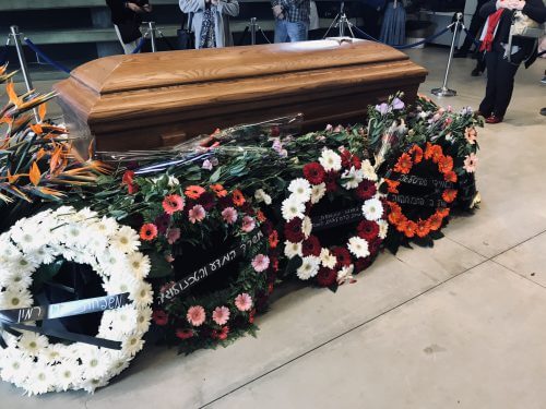 The coffin of the late Rona Ramon which was placed in the Peres Center for Peace and Innovation. Photo: Avi Blizovsky