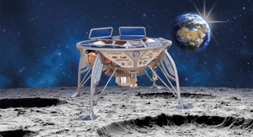 הדמיה של החללית בראשית על קרקע הירח. צילום: SpaceIL והתעשייה האווירית