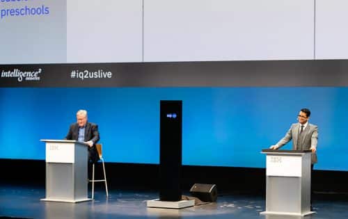 Project Debater in a debate against the world debate champion, Harish Natarajan. From the left, the host of the event, John Donovan. PR photo