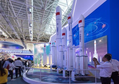 ZHUAI, CHINA, November 6, 2018: Models of future Long March series launchers at the 12th China Aerospace Exhibition. Photo: Shutterstock.com