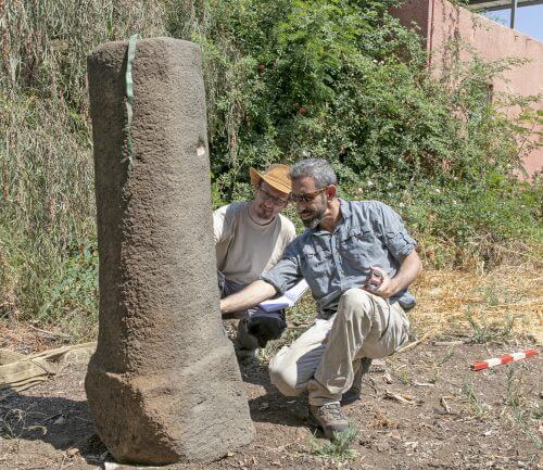 الباحثون يفحصون أحد الأعمدة الثلاثة للبريد التي تم فك شفرتها في موشاف راموت (تصوير: أ. كوفالفسكا. بعثة سوسيتا للحفريات، جامعة حيفا)