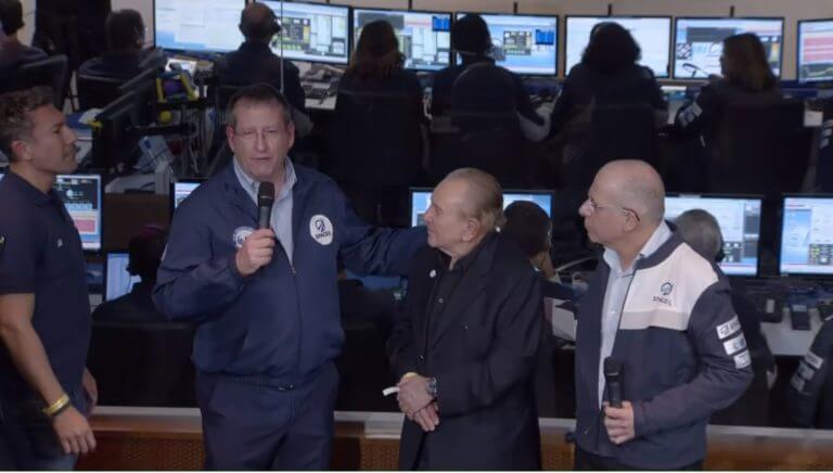 From the right: CEO of SpaceIL Dr. Ido Antavi, Chairman of the association Morris Kahn and Director of the Aerospace Industry Ofer Doron, in the background of the control room minutes after the crash. Screenshot from the broadcast of the event on SpaceIL's YouTube channel
