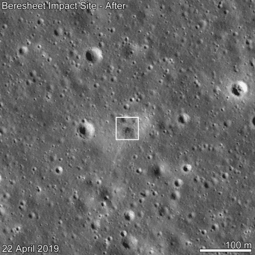 تم تصوير موقع تحطم جينيسيس بواسطة المركبة الفضائية LRO في 22 أبريل، بعد 11 يومًا من محاولة الهبوط. الصورة: ناسا/GSFC/جامعة ولاية أريزونا