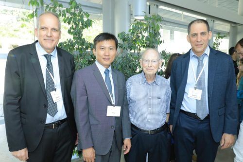 Prof. Uri Benin, YI CUI, Dr. Dan Midan, Prof. Uriel Levy (left to right). Public relations photo, The Hebrew University