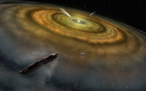 איור של מערכת-השמש בשלביה המקודמים, עם עצמים דמויי-אומואמואה. האיור באדיבות NASA / ESO / Danor Aharon