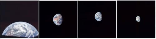 משמאל לימין: כדור הארץ כפי שנראה מהחללית אפולו 11 בעת תמרון ההתנתקות מהשבלב השלישי והעגינה עם רכב הנחיתה - העיט; מגובה של כ-181 אלף ק"מ; 232 אלף ק"מ; ו-378 אלף ק"מ