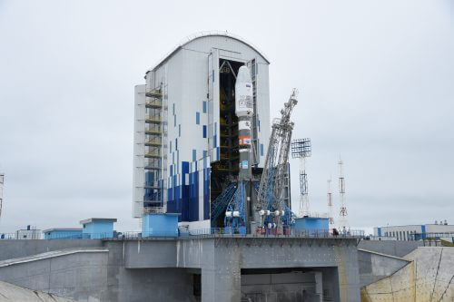 The communications satellite NSLSat-1 on top of the Soyuz rocket on which it will be launched into space. Photo: Roscosmos