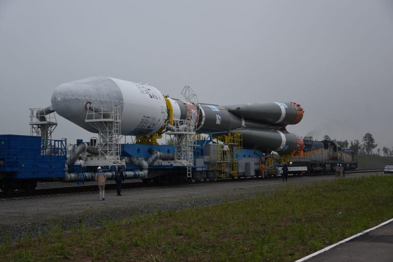 A Soyuz launcher carrying, among other things, the Israeli satellite NSLSAT-1 in preparation for its launch on 5/7/2019. Photo: Roscosmos