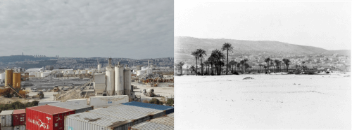 على اليمين: الكثبان الرملية جنوب خليج حيفا عام 1918 (الصورة: القوات العسكرية الأسترالية)، على اليسار: المنطقة الصناعية المبنية على قمة الكثبان الرملية، آذار 2019 (الصورة: نعمة شيريد)