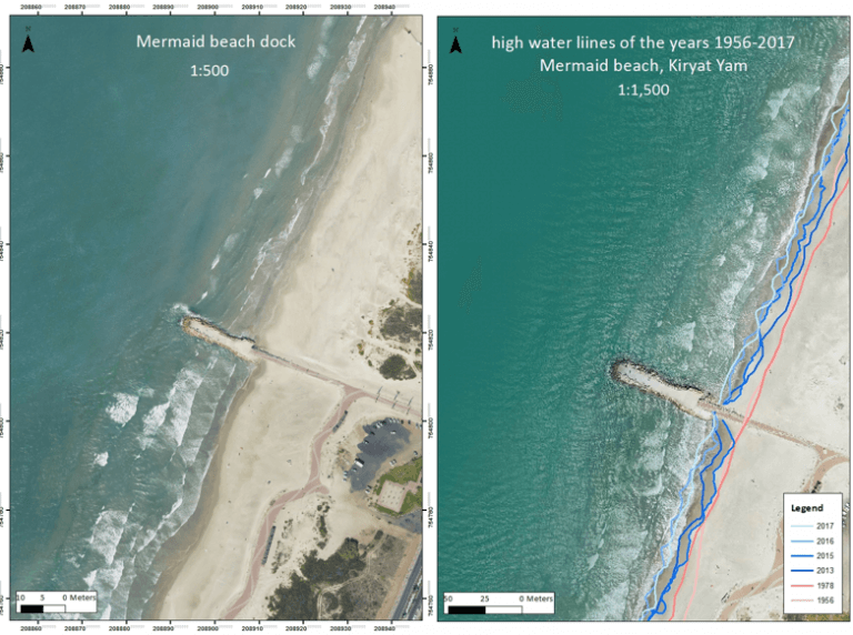 Fisherman's Wharf at the "Virgin" beach, Kiryat Yam. Right: You can see the expansion of the beach over the years. On the left: according to a local phenomenon of sand accumulation from the north and increased erosion from the south of the "Virgin" pier, the significant flow component was identified - from north to south
