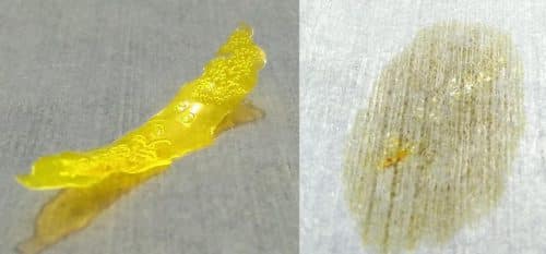 After being exposed to sunlight for ten minutes, the solid polymer (left) breaks down and disappears (right) [Courtesy: Paul Kohl]