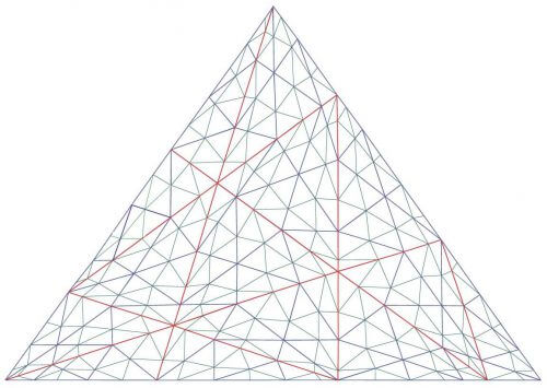 דוגמה ל"ריצוף בר שגיא" שמרוצף באמצעות קבוצת המשולשים הנגזרים ממעושר משוכלל בשלוש חזרות. כל חזרה צבועה בצבע אחר (לפי הסדר – אדום, כחול, ירוק), אך המשולשים אינם צבועים