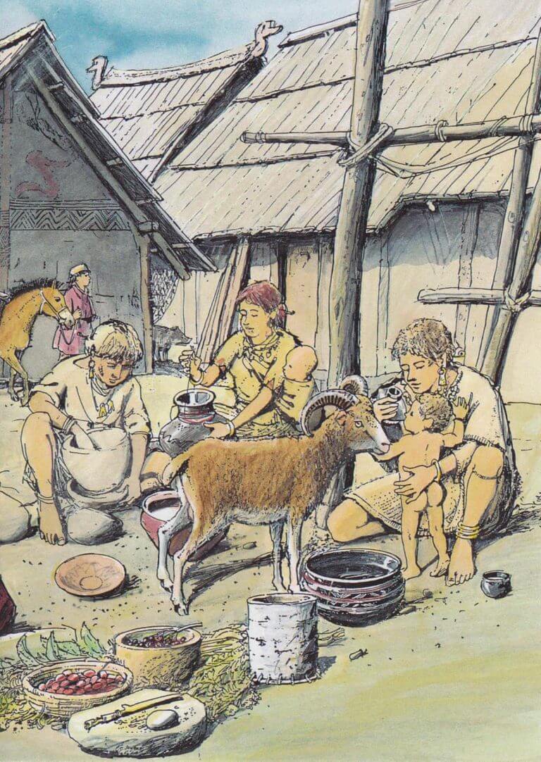 A prehistoric family scene showing a baby being fed with a baby bottle is similar to the ones we have examined. Christian Bissig / Archäologie der Schweiz, courtesy of the author