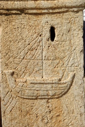 A relief depicting a Roman merchant ship, at Leptis Magna, Libya