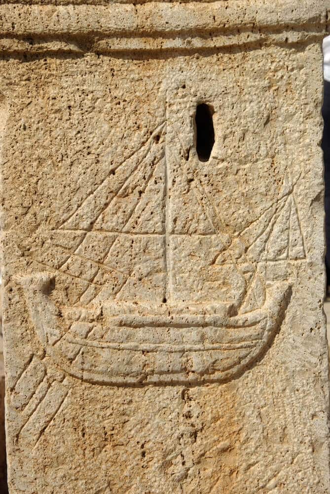 A relief depicting a Roman merchant ship, at Leptis Magna, Libya