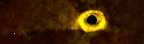 תמונה: איור זה מראה הפרעת הגאות, אשר מתרחשת כאשר כוכב חולף קרוב מדי לחור שחור והוא נקרע לגזרים והופך לזרם של גז. חלק מהגז מתיישב בסופו של דבר בתוך מבנה סביב החור השחור הנקרא דיסקת ספיחה. איור: מרכז טיסות החלל גודרד של נאס"א