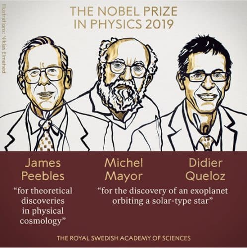 זוכי פרס נובל לפיזיקה ג'יימס פיבלס, מישל מאיור ודידיה קלו. איור: ועדת פרס נובל
