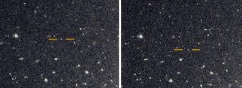 أحد الأقمار (المعلم بخطين) في الصور التي توضح حركته بالنسبة للخلفية | المصدر: سكوت شيبرد، معهد كارنيجي
