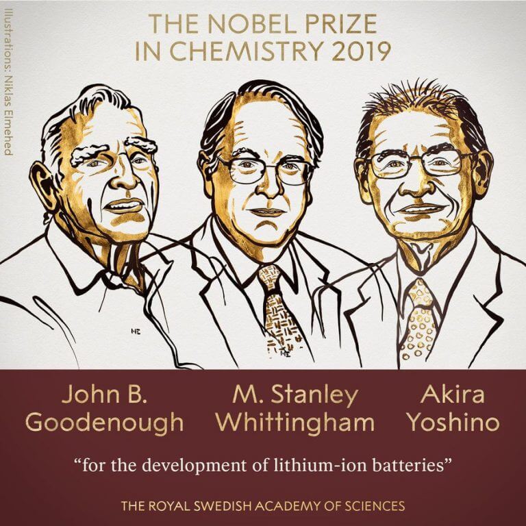 זוכי פרס נובל בכימיה לשנת 2019: באניסטר גודאינף, מנלי סטנלי וויטנגהם ואקירה יושינו. איור: ועדת פרס נובל