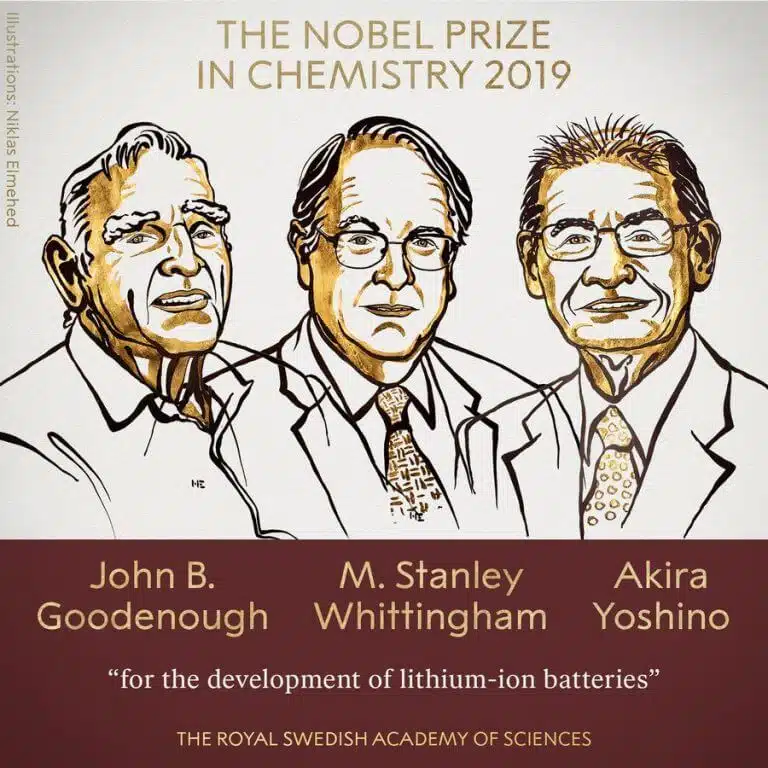 الفائزون بجائزة نوبل في الكيمياء لعام 2019: بانيستر جوديناف، ومانلي ستانلي ويتنجهام، وأكيرا يوشينو. الرسم التوضيحي: لجنة جائزة نوبل