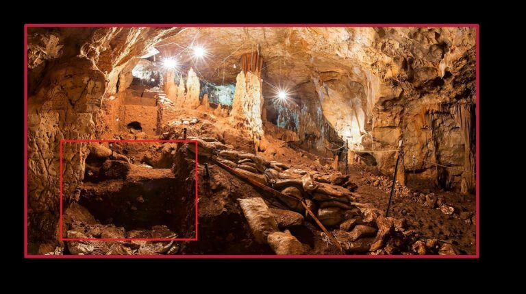 A photo of Manot Cave with the marking of the area where some of the teeth were found. Photo: Prof. Israel Hershkovitz