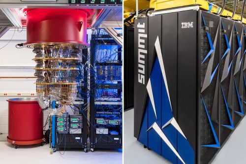 على اليسار يوجد الكمبيوتر الكمي Sycamore من Google وعلى اليمين يوجد الكمبيوتر العملاق الأكثر تقدمًا اليوم، وهو كمبيوتر قمة IBM. صورة العلاقات العامة